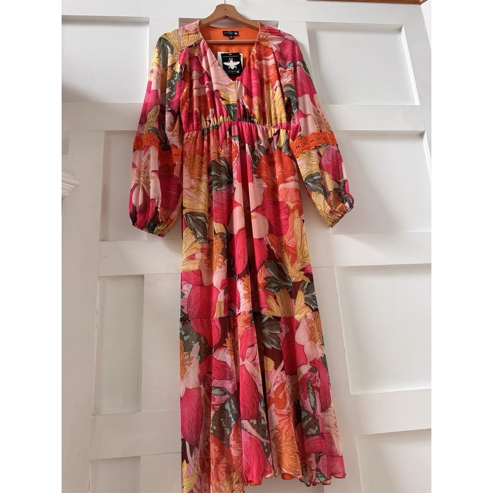 Antthony Originals Maxi Dress Petite Medium NWT Orange Pink Floral Mesh USA MADE